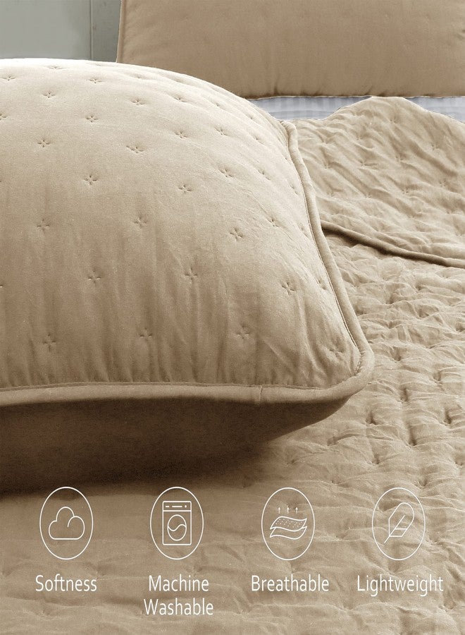 ROARINGWILD Beige Cloud Queen Size Quilt Bedding Sets with Pillow Shams, Farmhouse Lightweight Soft Bedspread Coverlet, All Season Rustic Country Thin Comforter, 3 Pieces, 90x90 inches, Tan Cream - Image 3